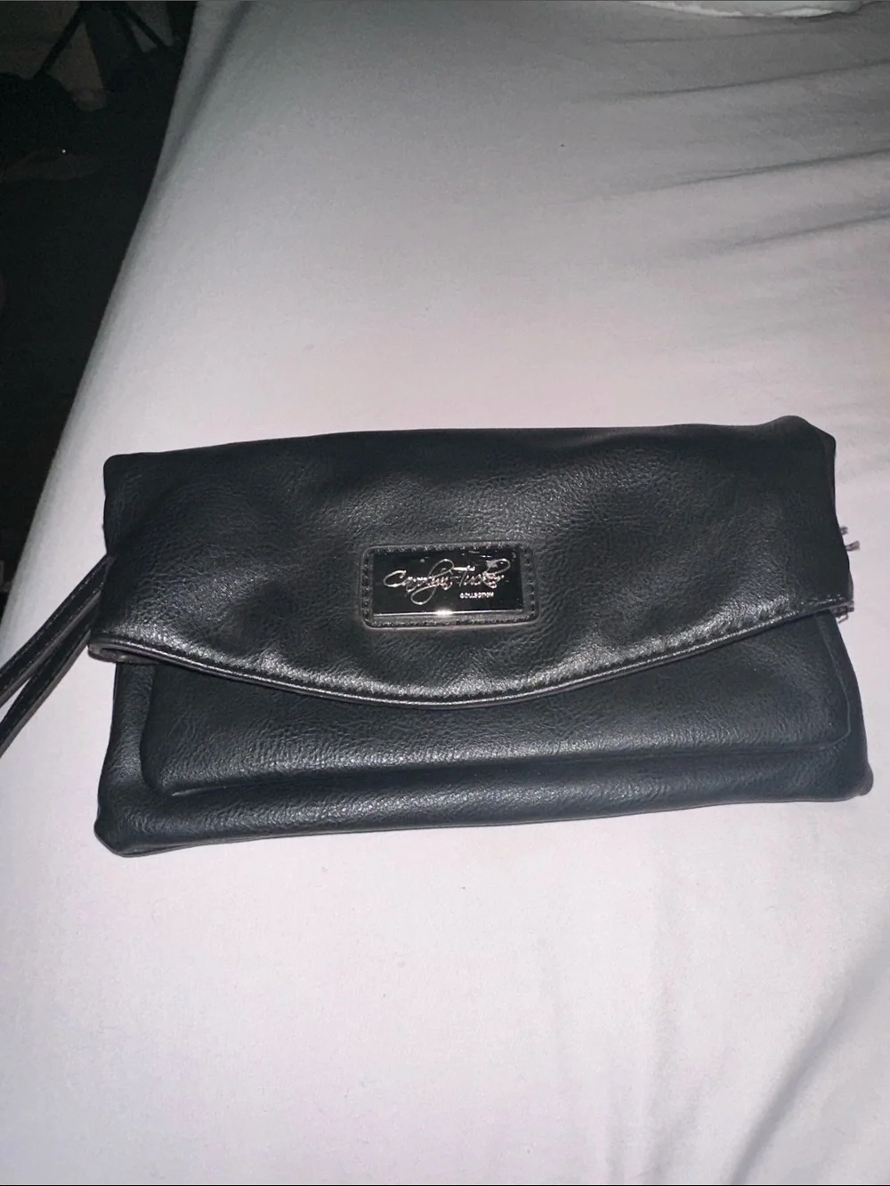 Carolya Tucker Fold-Over Black Leather Wristlet Clutch with Metal Logo Plaque ne